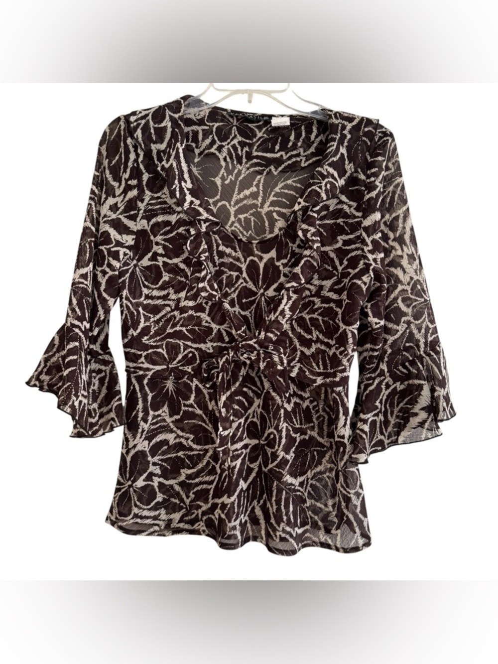 Y2K Versatile Floral Brown Cream Sheer Blouse Top Fairy Romantic Bell Sleeves L